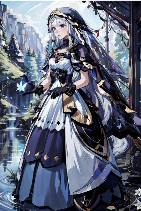 adina, fated dress, veil, black gloves, white hair, (long hair), forest, stream, flowers, butterflies, <lora:Game-EternalReturn-Adina:0.9>,  <lora:GoodHands-vanilla:1>