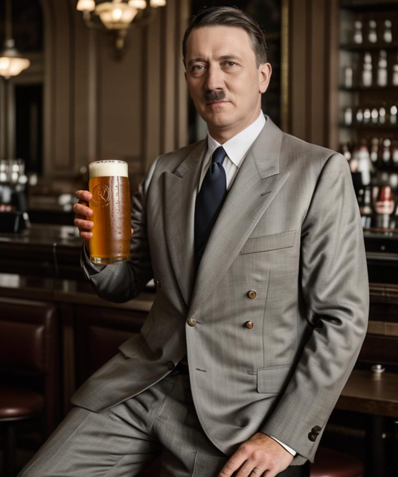 A man in a suit and tie drinking from a glass of beer.