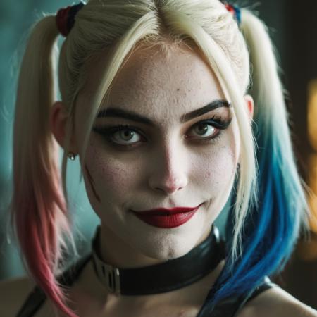 mabeer, (Skin texture, pores), Super high res portrait photo of an actress dressed as Harley Quinn,f /2.8, Canon, 85mm,cinematic, high quality, skin texture, looking at the camera, skin imperfections,  <lora:mabeer_xl_1_standard_merger_19_29_48_98_03_03_02_02:1>,natural lips, smiling