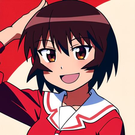 <lora:KaguraLoRA:1>, 1girl, solo, kagura, brown hair, short hair, brown eyes, dark skin, looking at viewer, smile, school uniform, serafuku, (red shirt), red skirt, white background