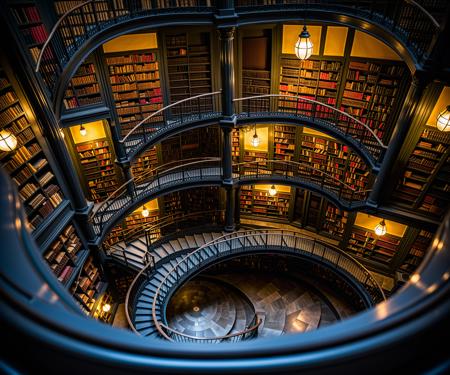infinite library, multiple floors, spiral staircase seen from above