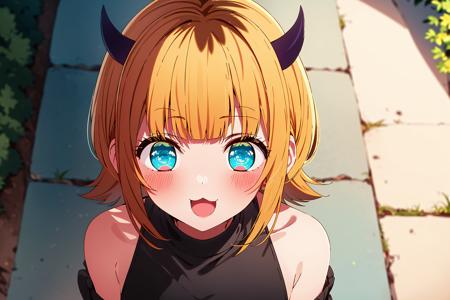 best quality, masterpiece, detailed,
<lora:OshiNoKo_MEMcho:0.7>, memcho,
open mouth, blush, :3, ^_^,
short hair, blonde hair, multicolored hair, aqua eyes, blunt bangs, horns,
(blue sweater:1.2), black shirt, bare shoulders, black skirt, medium breasts,
standing, (portrait:1.4), looking at the viewer, facing viewer, from above,
day, trees, outdoors