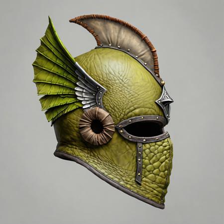 cinematic, photoshot, realistic, centered, SIDE view, hyper-realistic, detailed, medieval warior style, winged LEATHER helmet covered in chartreuse-elephantish-hide , (full helmet with mask), simple gray background, SIDE VIEW, simple gray background