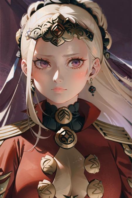 1girl, edelgard von hresvelg, solo, horns, looking at viewer, cape, hair ornament, purple eyes, simple background, red cape, white hair, long hair, breasts, closed mouth, hair bun, upper body, blonde hair