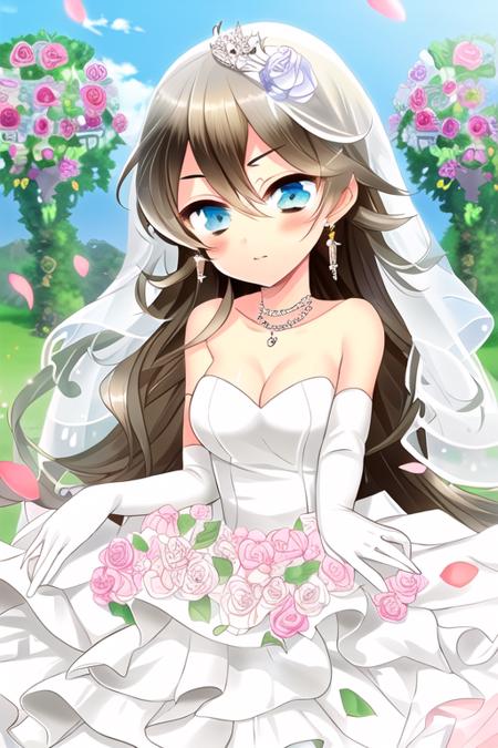 Asahina Tatsuki, 1girl, dress, blue eyes, jewelry, gloves, breasts, solo, blush, elbow gloves, aqua dress, long hair, wedding dress, flower, brown hair, earrings, veil, cleavage, petals, tiara, ring, bridal veil, large breasts, necklace
<lora:grimoire-v1.0:1>