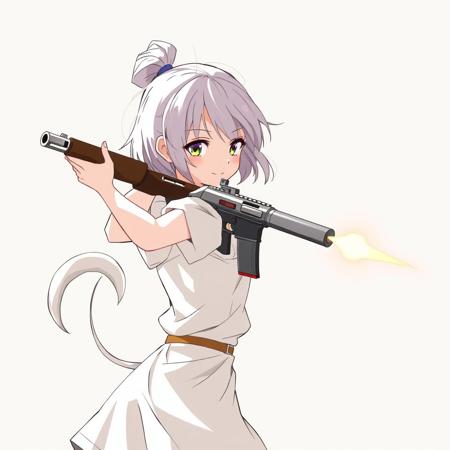 A girl firing a gun. Her tail wiggles up and down. There is a small breeze flowing though her hair.