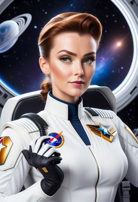 a large breasted female space ranger in a white commander uniform, holding a communicator, pulp-sf