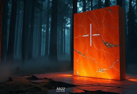 “A cinematic, high-tech vision of the Algiz rune in an Italian-inspired forest scene, captured with a Sony prime lens for intense clarity and depth. The metallic, neon-blue Algiz symbol stands alongside a striking orange marble monolith—its surface smooth, polished, and glowing warmly under soft, diffused lights. The monolith reflects the rune’s LED lines, casting vibrant orange and blue highlights across the misty forest floor and surrounding cypress trees, reminiscent of Italian garden design. Each groove in the marble catches and amplifies the surrounding lights, creating intricate patterns that shift with the mist. Warm lighting from below accentuates the marbled texture, blending with advanced holographic panels floating nearby, which project glowing, ancient symbols in a delicate balance of history and innovation. The interplay of colors and lights enhances an immersive atmosphere, merging the elegance of Italian aesthetics with a futuristic edge.”