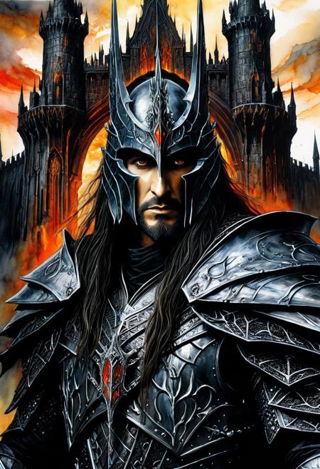 Portrait Sauron, war club, Dol Guldur castle, Alcohol Ink, Hyperdetailed, John Howe, Luis Royo, marvel comics,, MCU