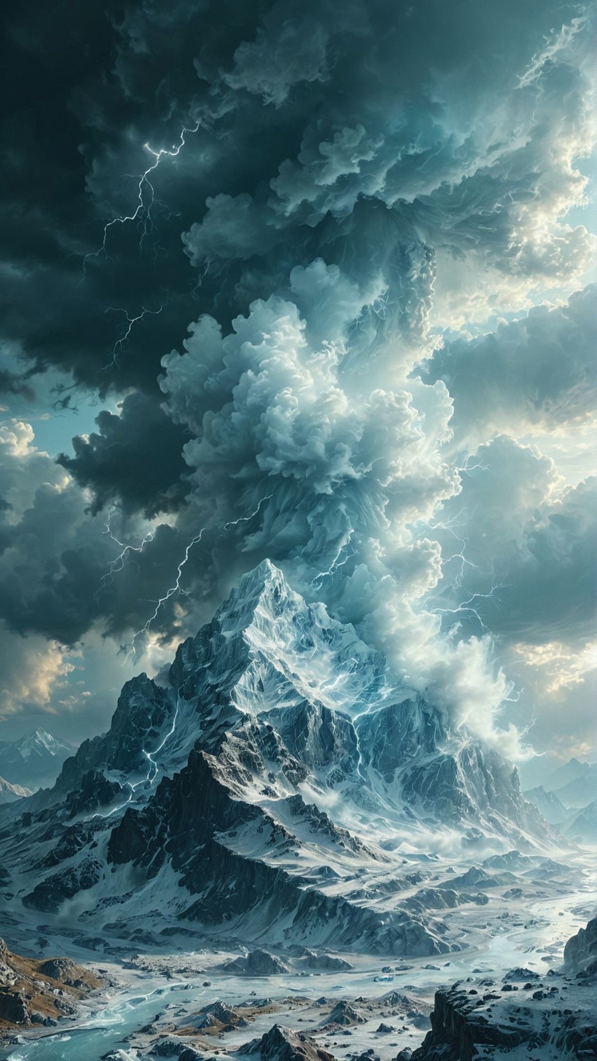 hyper realistic, a colossal figure made of swirling storm clouds, standing on the edge of a mountain range, lightning crac...