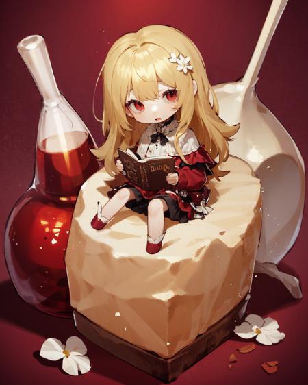 chibi, masterpiece, best quality, extremely detailed, detailed background, detailed face, 1girl, solo, flower, long hair, looking at viewer, white flower, sitting, red background, book, vase, long sleeves, bottle, blonde hair, bangs, holding, head tilt, red dress, dress, shiny, glowing, overexposure, light particles, sunlight, sparkle,,  