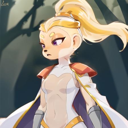 Masterpiece, highest Quality, Highest Resolution, perfect detailed modern anime style, anime lighting, detailed background, detailed, Adora, 1girl, solo, blonde hair, purple eyes, tail, ponytail,  high ponytail, shoulder armor, body fur, two-tone fur, cape, armor, yellow fur, top knot, in forest,