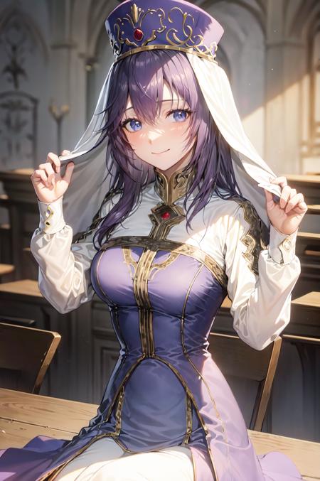 lite smile,(upper body:1.2) <lora:eremiyaV3:1>,eremiya,  dress,closed mouth  looking at viewer, long dress, long sleeves, boots, breasts, medium breasts,  brown footwear, long skirt,chapel,(masterpiece, best quality, ultra-detailed, best shadow)