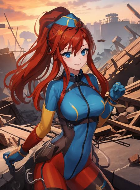 (extremely detailed CG unity 8k wallpaper),(masterpiece), (best quality), (ultra-detailed), (best illustration),(best shadow), (sharp eyeliner, eyeshadow, detailed eyes:1.1), ruins, rubble, city, battlefield
,BREAK
(6p62:1.2), upper body, (blue thighhighs, bodysuit, pantyhose,:1.2) garrison cap, smile, ponytail
<lora:6p62:1>