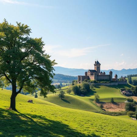 Um cenário ultra realista de uma paisagem medieval, com um campo verde com colinas e ao fundo um castelo medieval. O castelo se situa no canto direito. O céu está limpo, com apenas algumas nuvens. Há uma árvore grande há uns 50 metros da imagem, com a silhueta de uma moça de costas balançando em um balanço, ultra HD