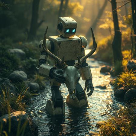 masterpiece, best quality, amazing quality, very aesthetic, hdr , photorealistic, light particles, very detailed, 8k, ambient occlusion, blurry foreground, depth of field, immersive perspective, lens flare, high angle shot,creative angle,neon_silhouette_style, pale yellow silhouette, musky forest with some rock, some ray of light, 1 iron robot, scratched, dirty, standing in a small creek with transparent water, little fishes, blocky chest, no neck, no nose, no mouth, cylindrical head, shiny blue circular eye visors, large blocky feet, large 4-fingers hands, (holding at eye level a white deer skull with small antlers and looking at it), grass bent in waves from the wind, backlight, shadowed face