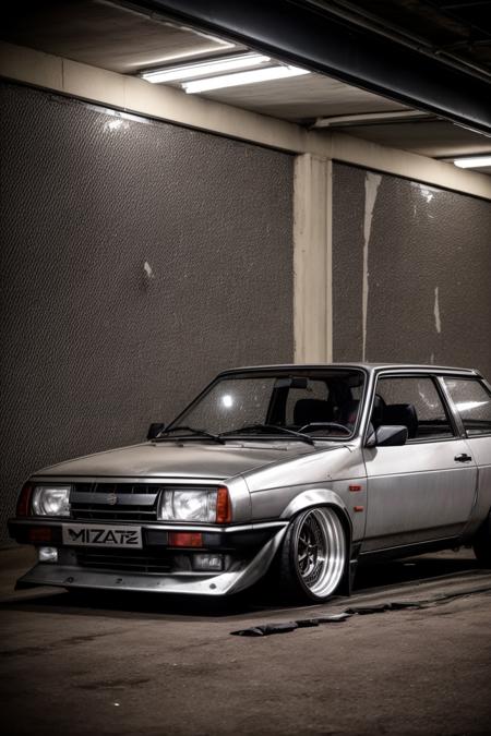 a rusty vaz 2108 car on lowered suspension with silver work r14 rims parked in a dark garage, silver rims, white rims, bagged, stance, custom fender, wide body kit, with (retro stripe vinyls:1.2) on its sides, speedhunters, dslr photo, 35mm photo, low contrast, muted colors <lora:vaz_2108:0.7>