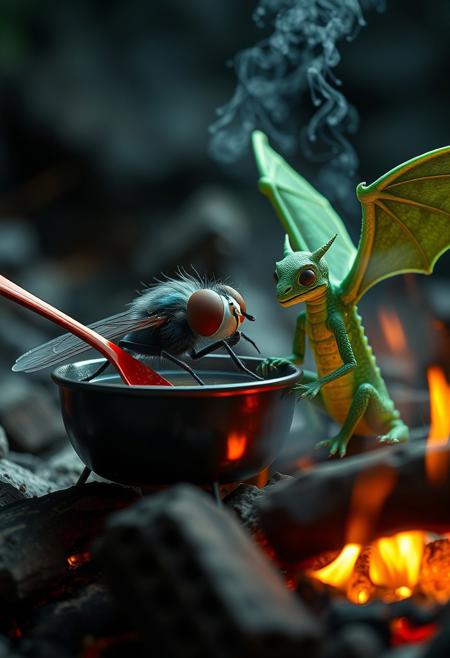 surreal VFX, nano- domestic fly stirring broth  with a steel red spoon on a campfire, sitting with the  green nano-dragon with dark green wings seen under an electron scanning microscope, with details, vivid colors