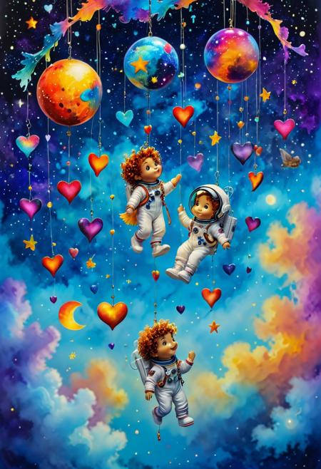 A whimsical multi-media creation depicts a wind chime crafted from colorful hearts. Two small fluffy mascots, a boy and a girl astronaut, are suspended on the wind chime. The backdrop features celestial bodies such as planets and stars. The artwork is executed in a hyperrealistic style using alcohol inks.