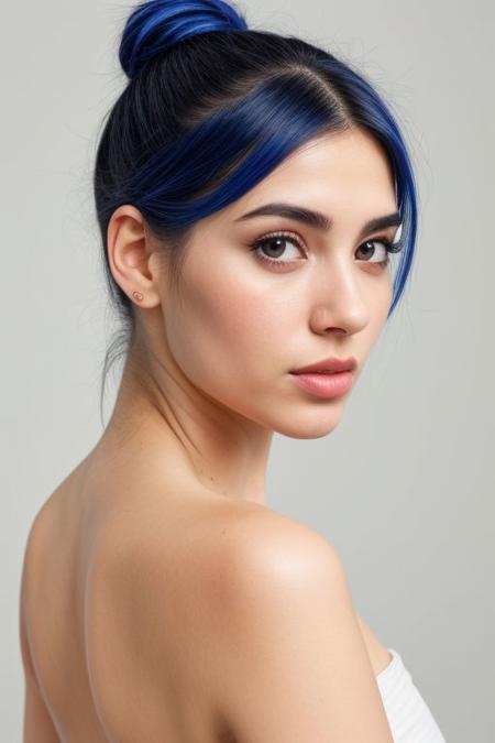 beautiful face,1girl mix White Middle Eastern , solo, blue hair, ponytails, bare shoulder, white background