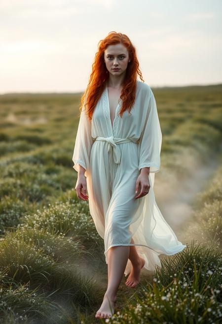 a beautiful freckled green-eyed redhead irish woman with curly hair. She is dressed in a flowing white translucent robe, walking through a field of dew covered grass in dawn's light. Mist flows around her barefooted feet.