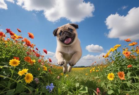 Highly detailed photograph of a pug puppy leaping through the air above a field of colorful flowers. Side view. Floppy ears, floppy tongue, big eyes, very cute, very happy, joyful. Blue sky with fluffy clouds. Bright sun, (god rays).