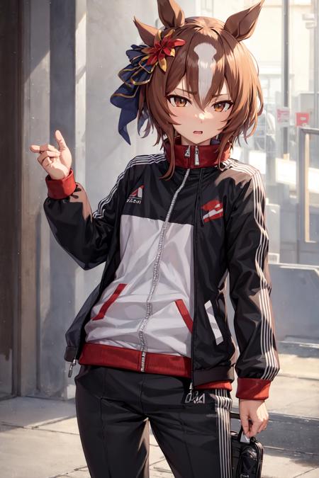 masterpiece, best quality,
yaeno muteki \(umamusume\), 
casual, long sleeves, black jacket, track jacket, track suit, black pants, track pants, sneakers, 
<lora:yaeno_muteki_loha:0.6>