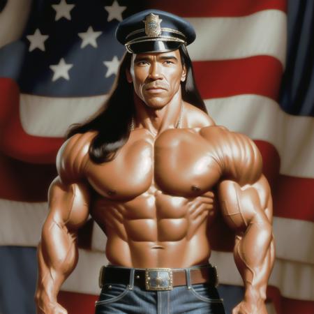 a portrait of mylvestre, a muscled man with long hair and a thin mustache wearing a police cap on his head and blue jeans and a big belt buckle is standing in front of an american flag with no shirt on looking left