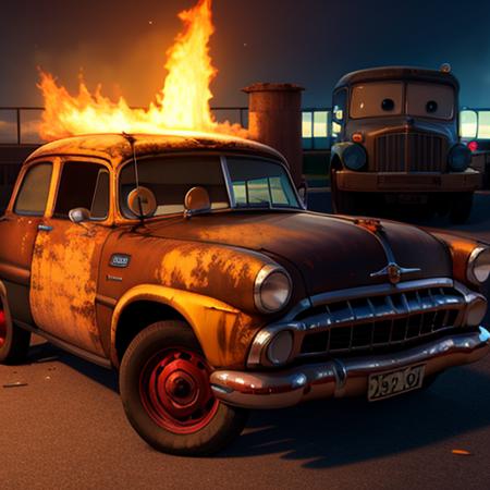 cartoon, rusty damaged  crashed car, vehicle, detailed, cg, detailed eyes and mouth, 3d rendering, pixar, eyes, looking at viewer, hq rendering <lora:pixarcars:1.1>, flames, ho humans