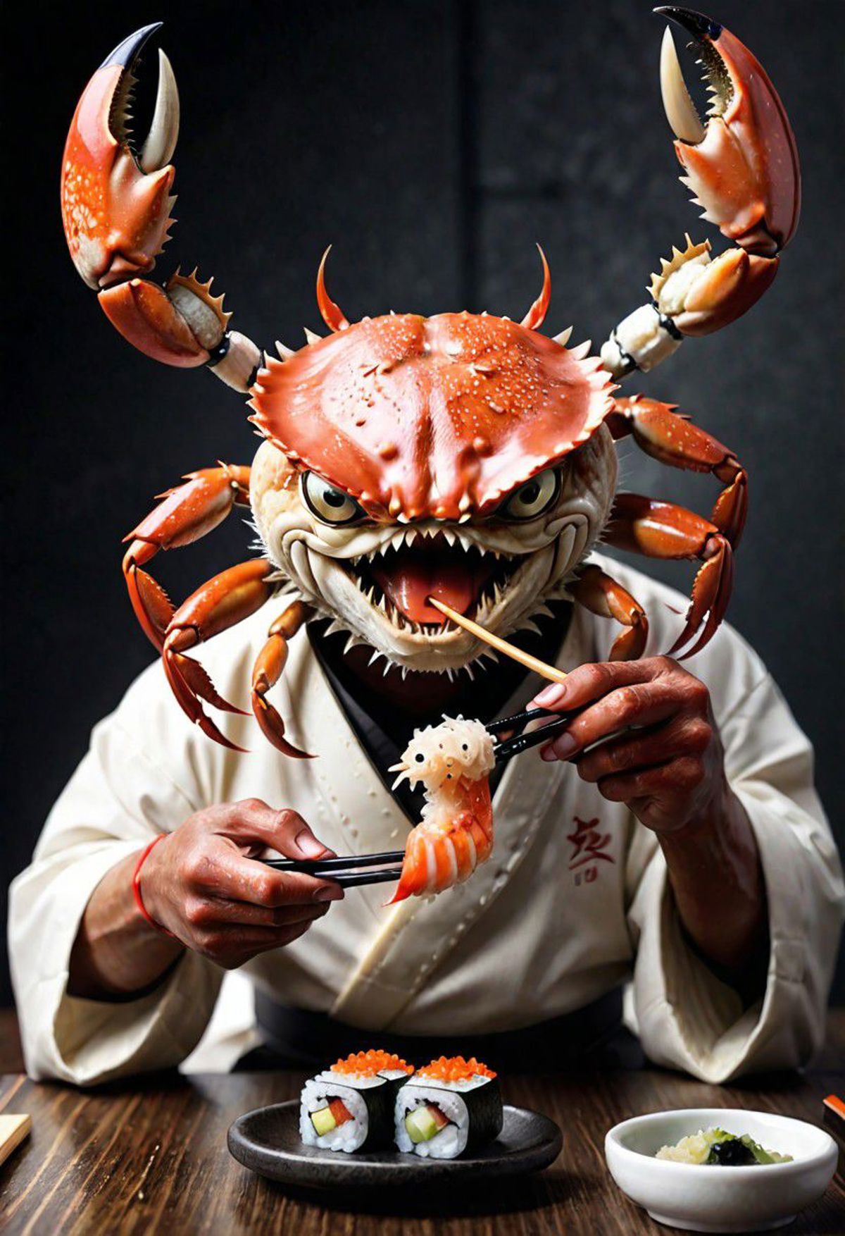 A person wearing a crab mask eating food with chopsticks.