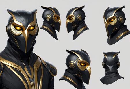 (owl-themed:1.35),(concept art:1.5)  of an owl-themed male assassin mask, (elegant exquisite full face owl-themed mask:1.2), (futuristic, hi tech,high technology, hard surafce:1.6),(turnaround, many angles, front view, side view, back view, character sheet:1.5),(wearing black and white mask, with golden trim and details:1.5), minimalist, exquisite, owl feather, silver hair, sweat, glowing eyes (detailed dirty skin:1.3) , (simple background :1.2),   . analog, haze, (lens blur :1.3), dramatic lighting,  low saturation, <lora:add_detail:0.7> , bokeh, depth of field, highly detailed, close up, 2077, hard surface details