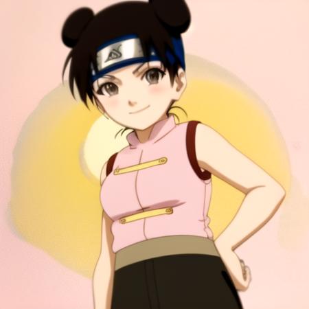 <lora:tenten-04:1>, tntn, 2 buns, short brown hair, "sleeveless pink shirt", girl, smile, black pants