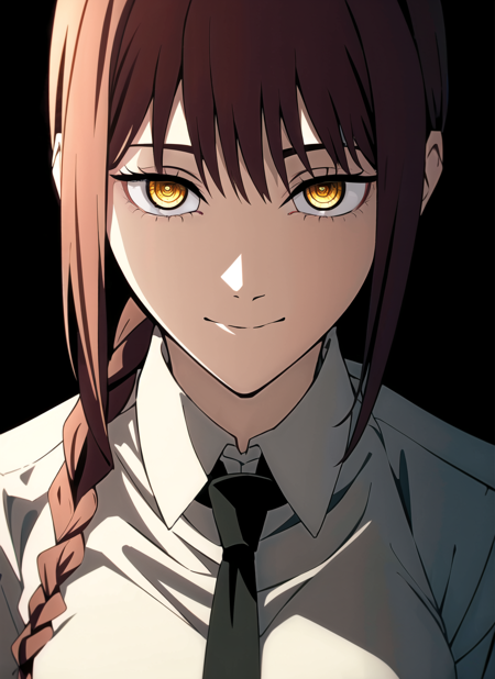 csm anime style,  makima \(chainsaw man\), 1girl, black background, black jacket, black necktie, blunt bangs, braid, braided ponytail, breasts, close-up, closed mouth, collared shirt, dark, dress shirt, formal, jacket, long hair, looking at viewer, medium breasts, necktie, portrait, red hair, ringed eyes, shaded face, shadow, shirt, sidelocks, simple background, single braid, smile, solo, suit, suit jacket, white shirt, yellow eyes,  ((masterpiece))    <lora:csm_anime_style_offset:1> <lora:makima_offset:1>