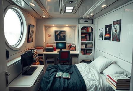 compact spaceship bedroom for apprentice magician with a computer a bed and piles of book. no decoration full metal room looking like a cubicle