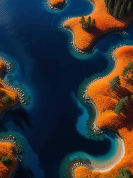 <lora:06NatureArt_Hap_XL:1>, Albert Bierstadt style, In the style of Japanese anime, imagine an aerial view of oil in water. The thick orange and black liquid is seen floating on top of dark blue or grayish waters. It forms a large S-shaped pattern with its center point located at about half way down from where it begins to flow upwards towards us. This scene conveys both beauty and environmental challenges as if you were looking directly up into space. Aerial perspective, close-up shot, natural lighting, vibrant colors. oil painting,