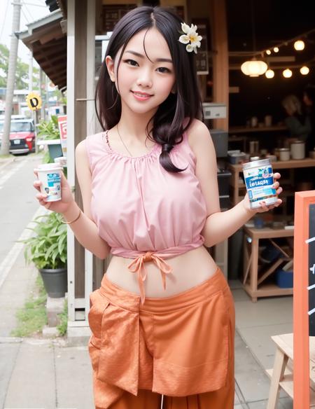 <lora:kcdress:0.95> (Krachao top:1.5),photorealistic painting ((half body)) portrait of (( (Girl Cute  woman:1)))( a smiley  Beautiful Thai Japanese WOMAN,Long Blonde hair:1.3) :1.1),WEaring kcdress  outfits,((krachao top  :1.5) ,( thai pant:1.3):1.3)
, ((perfect face)),blush cheek, intricate, 8k, highly detailed, volumetric lighting, digital painting, intense, sharp focus,