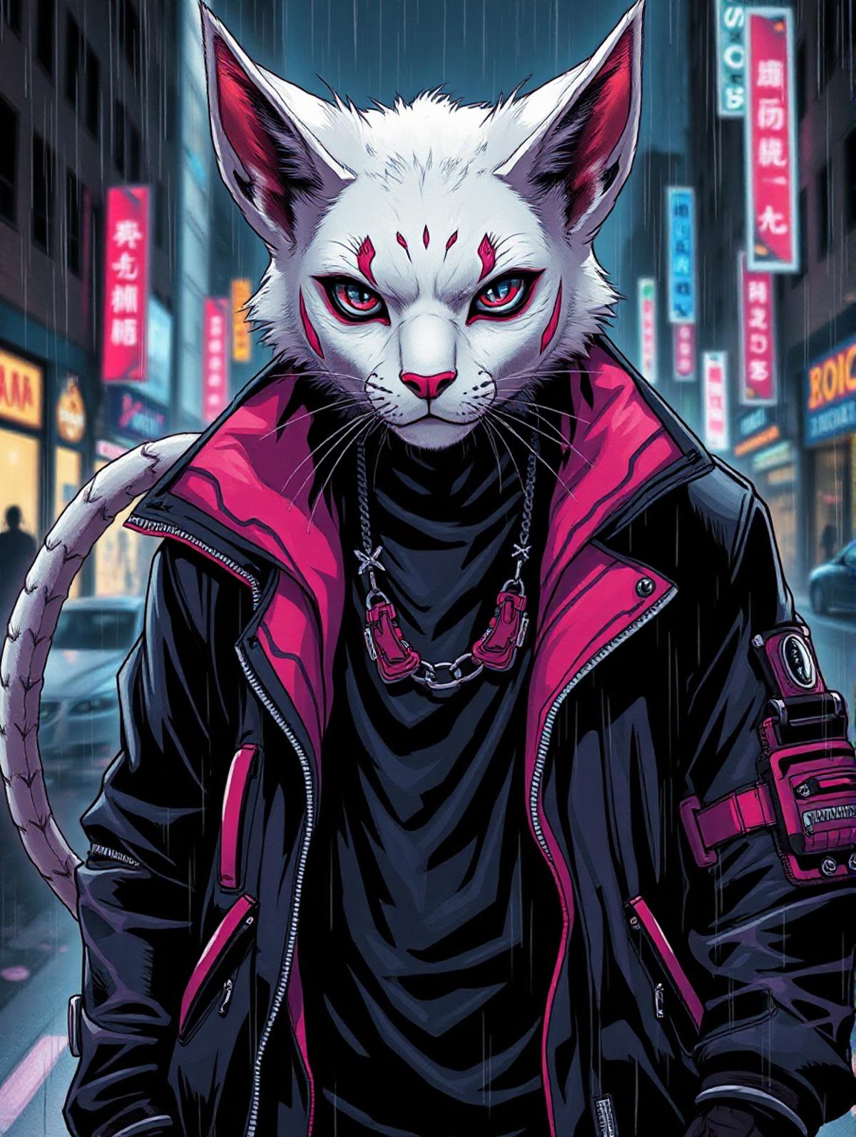 award winning beautiful portrait commission of a male furry anthro albino puma fursona with a tail and a cute beautiful attractive detailed furry face wearing stylish black and pink cyberpunk clothes in a cyberpunk city at night while it rains. Character design by charlie bowater, ross tran, artgerm, and makoto shinkai, detailed, inked, western comic book art