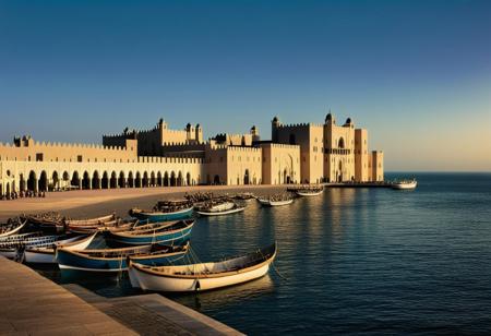 masterpiece, photorealistic, medieval Arabia, port city, bustling town, Arabian architecture, city of mansions, moors, palace, giant buildings, yachts, ferries, blue skies, ocean, jetty, flying carpets