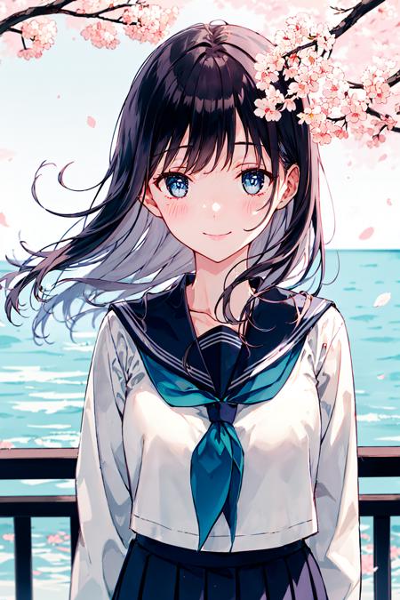 (upper_body:1.5), close-up, cherry_blossoms, outdoors, day, spring_\(season\), 1girl, smile, solo, bangs, blue_eyes, blush, closed_mouth, looking_at_viewer, long_hair, brown_hair, branch, eyebrows_visible_through_hair, floating_hair,hair_between_eyes, blue_sailor_collar, serafuku, long_sleeves, neckerchief, pleated skirt, pink_flower, petals, tree, white_shirt, wind, railing, sky, <lora:style_Hiten_3.0:0.8>