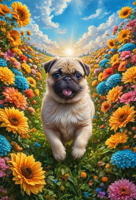 Masterpiece, highres. Highly detailed. Close-up photo of pug puppies running through field of colorful flowers, fluffy fur, huge flowers, big eyes. cute, happy, joy. The sun is shining. Blue sky with fluffy clouds.