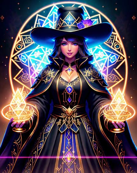 Masterpiece, 4K, highly detailed, magic, fantasy universe, final fantasy xiv black mage, beautiful woman wearing mage_glam, (final fantasy black mage robes and hat, black gloves, beautiful mage robe with superb golden runes embroidery, magical runes:1.2), casting a spell,(upper body closeup:1.3), smiling at the viewer, dark haired black mage, extreme amount of detail, analog style, magical glowing colors, symmetric, centered, closeup, feminine, athletic, fit, narrow waist, high, contrasted colors, realistic body proportions, realistic, photo-realistic, 8k, highly detailed, led light, laser lights,fruit-flavored,anatomically correct, symmetrical anatomy, high fantasy castle background, pixies, 
 <lora:Oriental_Mage:0.8>