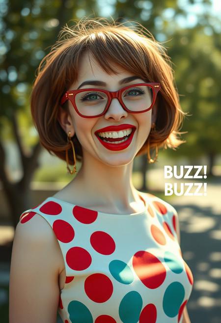 Photorealistic portrait of a petite quirky woman with a surreal 1960s aesthetic. She has a short chin length, tousled chestnut bob haircut, pale skin, and is wearing red cat-eye glasses. Her makeup is dramatic with glossy bright red lipstick, thick eyeliner, and arched brows. She is smiling wide with an exaggerated laugh, her expression playful and ironic. She wears a vintage fit-and-flare dress with a bold retro print — polka dots or geometric shapes — in bright colors like cherry red or teal. Dangling mid-century style gold earrings. She stands outside in soft sunlight, trees blurred in the background.
The photo has a slightly overexposed, sun-kissed look with vintage lens flare and bokeh. Add light film grain and slight chromatic aberration for a dreamy analog effect. Style inspired by a 1960s television commercial or a surreal David Lynch dream sequence. Text on screen says “BUZZ BUZZ!” in Helvetica, floating near her.
Keywords:
vintage fashion, retro glam, 1960s, surreal humor, pastel color palette, photorealism, film grain, quirky feminine energy, kitsch, dreamlike vibe