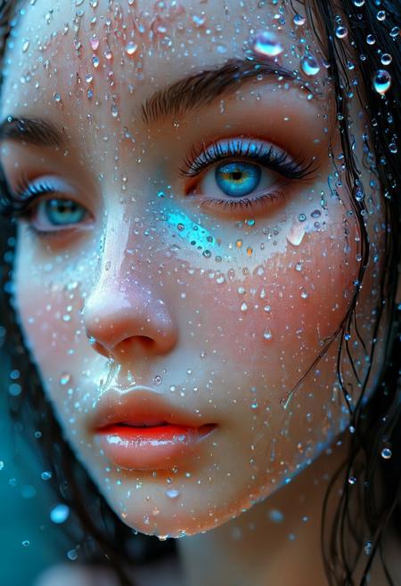 A mesmerizing, close-up portrait captures a woman with water droplets cascading across her face, reflecting a captivating blend of blue, pink, and orange hues. The droplets on her forehead and cheeks produce an ethereal, glowing effect, while her focused gaze and slightly parted lips exude a combination of serenity and mystery. The dark background highlights the luminosity of the droplets and the woman's features, resulting in an enthralling and enigmatic composition.