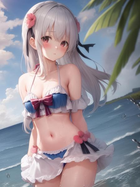 (1girl), (solo),(bikini),(((staying in water))),  beautiful detailed sky,wet clothes,beach,coastline,sunny, flying splashes,white hair, long hair, 
{best quality}, {{masterpiece}}, {highres}, extremely detailed 8K wallpaper, {an extremely delicate and beautiful},
looking at viewer,god rays,ray tracing,blurry background,wide shot,realistic,blush