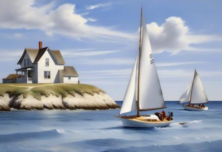 <lora:03realismPainting_Hap_XL:2.6>,realism,American art,oil painting,peaceful, sailboats, ocean, house by the sea, blue sky, clouds, white sails, wind, maritime, summer, leisure, coastal living, waves, seaside, sunny, nautical, tranquility,