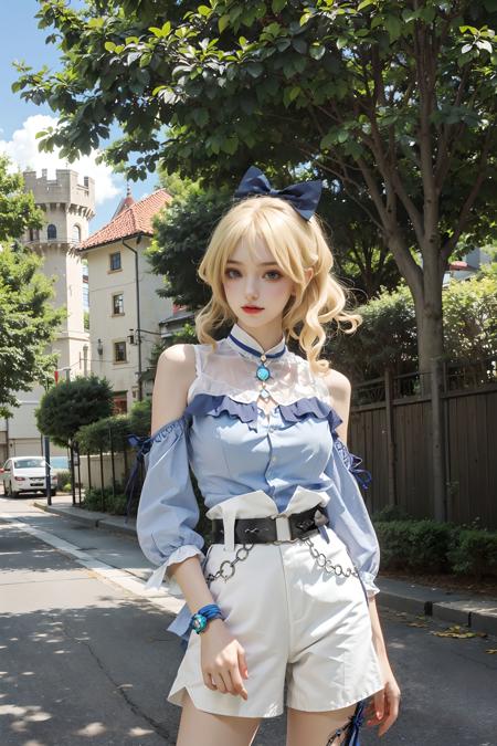 <lora:Jean_Genshin:0.7>, jean_genshin, 1girl, beautiful face, (cowboy shot), blonde hair, hair bow,bare shoulders, detached sleeves, jean's upshirt, jean's puffy white shorts, belt, (standing), upper body, outdoors, european town, european style houses, (castle), noon, streets, sunshine,