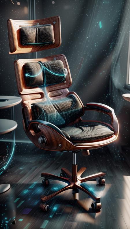 A futuristic ergonomic chair designed for maximum comfort and support in a modern, minimalist office space. The chair is surrounded by sleek and high-tech gadgets, basking in soft, ambient lighting that highlights its curves. The artwork will feature a minimalist style with a touch of high-tech aesthetics, presented through digital rendering in high definition (4K) using 3D modeling with cycles rendering. <lora:add_detail:0.4> <lora:more_details:0.4> <lora:AntimatterTech:0.8> <lora:Neonpunkai-8:0.6>