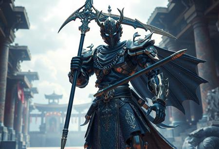 A leaked, detailed image of the Master of the Flaming Dragonswords robot, donning regal dark blue clothes, is set against a Temple of the Kings backdrop. The centered full-body shot showcases the robot's halberd and dreamwave style in 4K resolution. The image exhibits true proportions, tilt blur, and vivid emotions with captivating lighting. The artwork is highly detailed, with splash ink illustrations using Unreal Engine 5, aiming for a trending position on Artstation and CGSociety. The image also showcases stunning and harmonious colors, with a focus on blue delphinium and blue bird themes. The artwork is a dynamic action pose, intentional focus, and well-timed moment, aiming for a golden ratio composition.