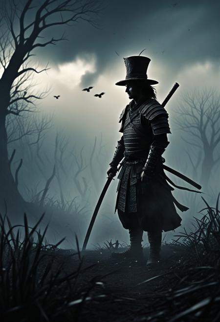 cinna flow, 
In a surreal expanse where the whispering grass grows taller than time itself, a lone samurai stands like a relic of a dream half-remembered. His silhouette, sharp as a blade, cuts through the monochrome haze, a living ink painting torn from the pages of a storybook. The air hums with the faint echo of a Cheshire Cat’s grin, and the horizon shimmers like the Yellow Brick Road, leading nowhere and everywhere at once.  
His katanas, three in number, rest at his side, their blades catching the glow of embers that drift like fireflies from a land of Oz. His topknot, loosely bound, unravels in the wind, strands of hair twisting like the riddles of the Mad Hatter. Above, a flock of crows—part bird, part shadow—ascends into a sky where clouds swirl like the smoke of a wizard’s pipe.  
The scene is a dance of contrasts: bold brushstrokes carve his form, while delicate shading whispers of a world caught between serenity and chaos. The embers pulse, casting faint light on the uneven terrain, where shadows stretch like the arms of the Queen of Hearts’ card soldiers. The samurai’s stillness is a storm contained, his eyes reflecting the duality of a warrior-poet, lost in thought yet poised to strike.  
Here, in this liminal space where Alice’s wonder meets Dorothy’s journey, the samurai embodies the spirit of bushidō—a guardian of forgotten realms, a wanderer between worlds. The ink bleeds, the wind sings, and the moment hangs, suspended between the tick of a pocket watch and the roar of a tornado.