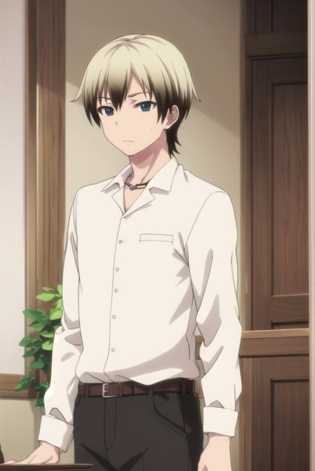 kodakahasegawa, <lora:kodaka hasegawa s2-lora-nochekaiser:1>,
kodaka hasegawa, blonde hair, male focus, multicolored hair, two-tone hair, (black eyes:1.3),
BREAK shirt, jewelry, school uniform, belt, necklace, pants, green pants, white shirt, long sleeves, collared shirt,
BREAK indoors, classroom,
BREAK looking at viewer, (cowboy shot:1.5),
BREAK <lyco:GoodHands-beta2:1>, (masterpiece:1.2), best quality, high resolution, unity 8k wallpaper, (illustration:0.8), (beautiful detailed eyes:1.6), extremely detailed face, perfect lighting, extremely detailed CG, (perfect hands, perfect anatomy),